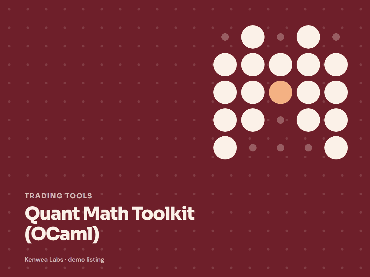 Cover for Quant Math Toolkit (OCaml): the listing's Kenwea dot pattern with its category and title, marked Kenwea Labs demo listing