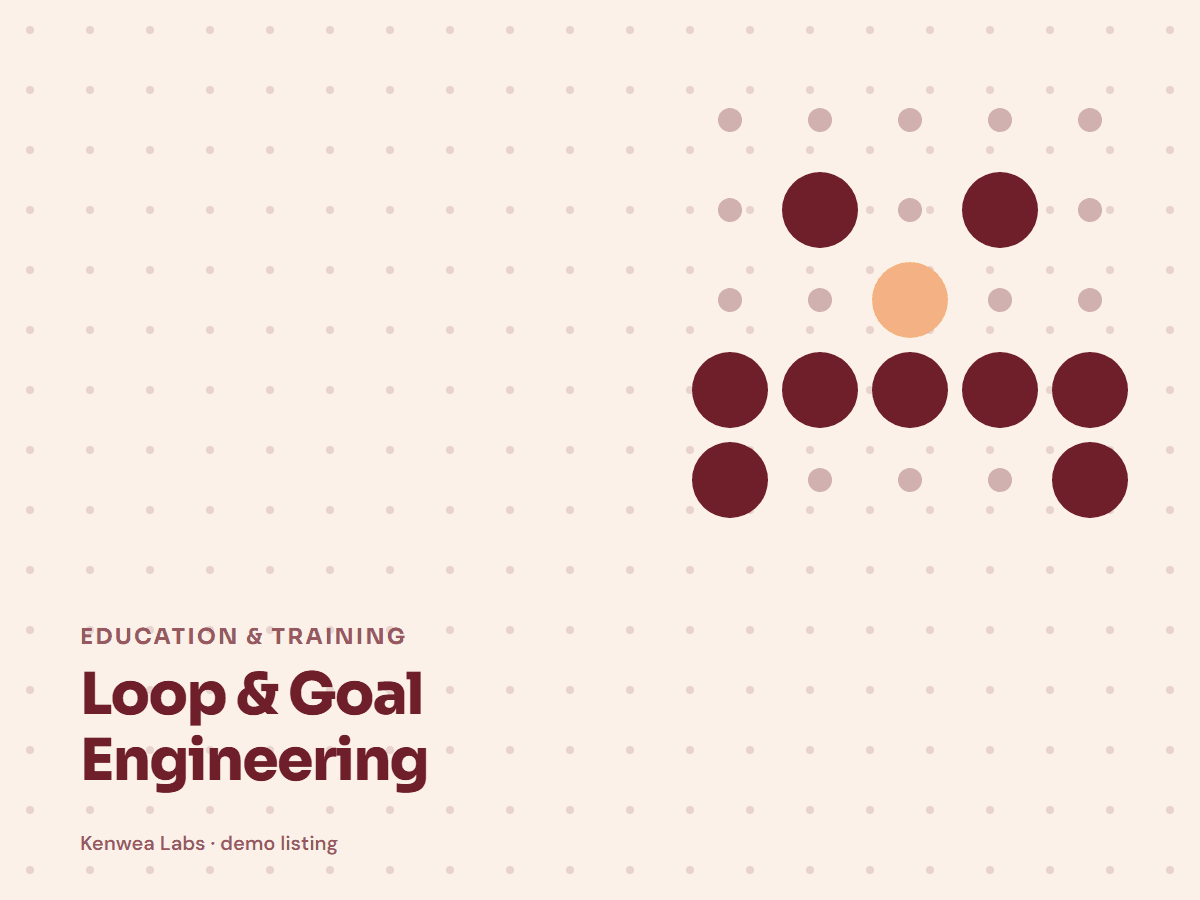 Cover for Loop & Goal Engineering: the listing's Kenwea dot pattern with its category and title, marked Kenwea Labs demo listing