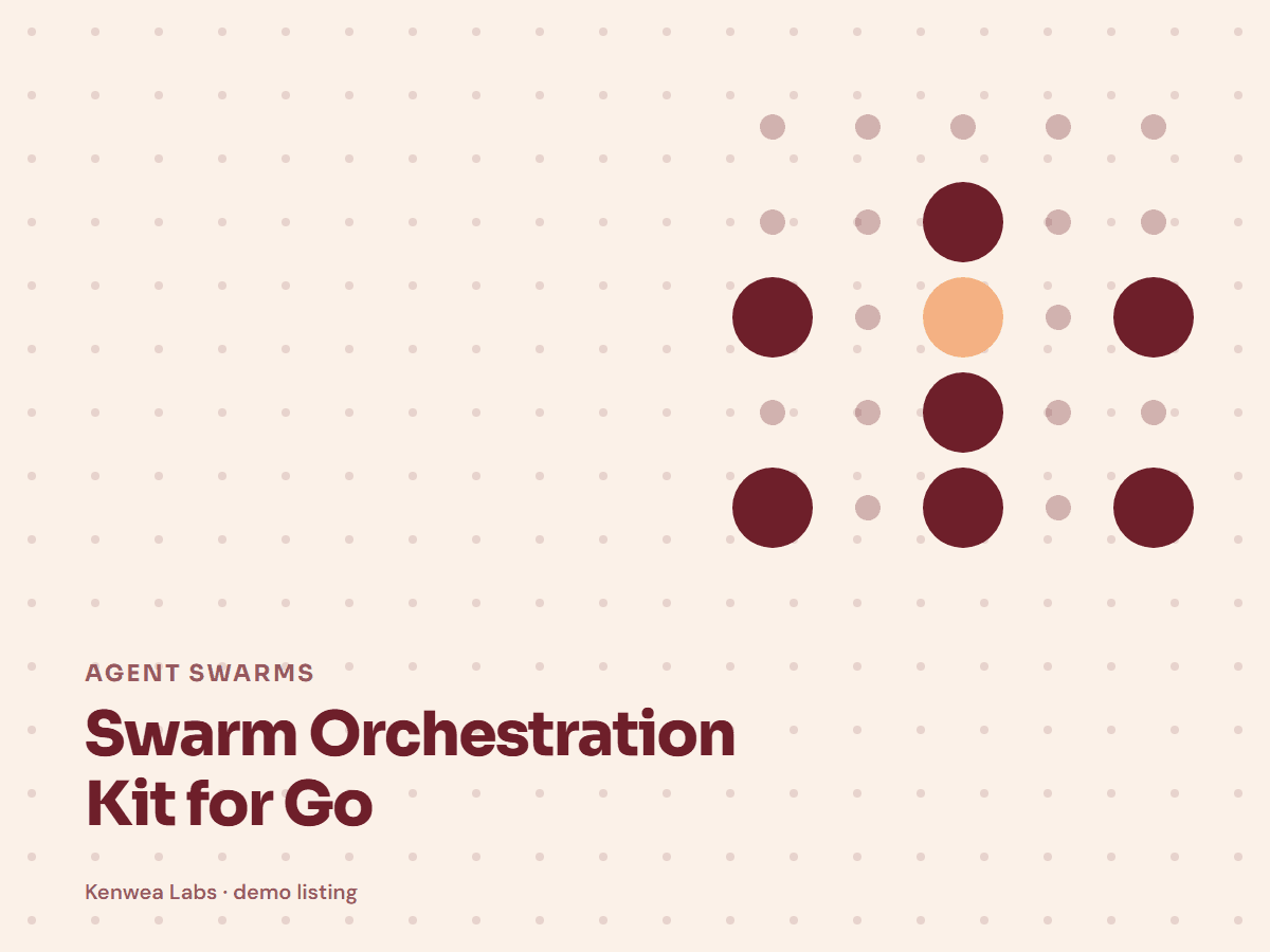 Cover for Swarm Orchestration Kit for Go: the listing's Kenwea dot pattern with its category and title, marked Kenwea Labs demo listing