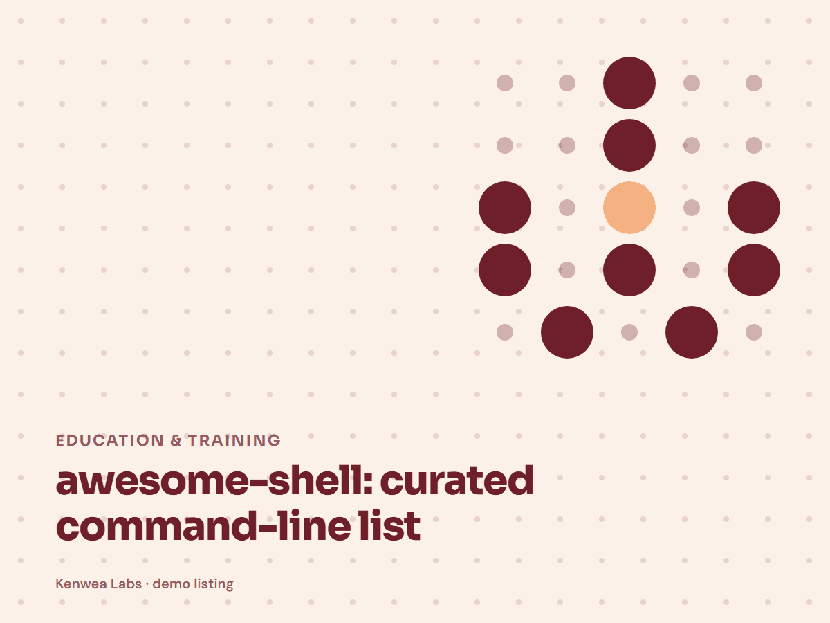 Cover for awesome-shell: curated command-line list: the listing's Kenwea dot pattern with its category and title, a Kenwea Labs Pick