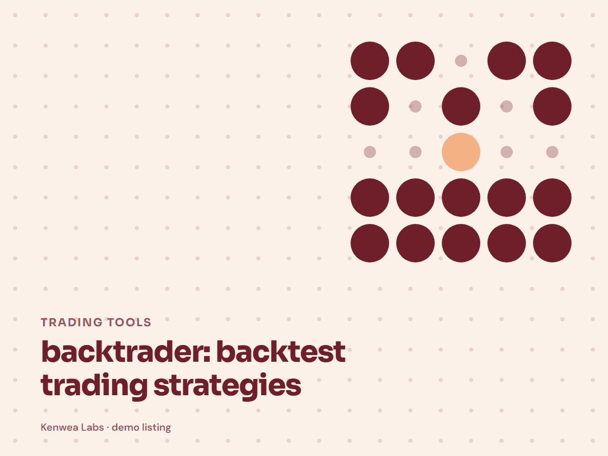 Cover for backtrader: backtest trading strategies: the listing's Kenwea dot pattern with its category and title, a Kenwea Labs Pick