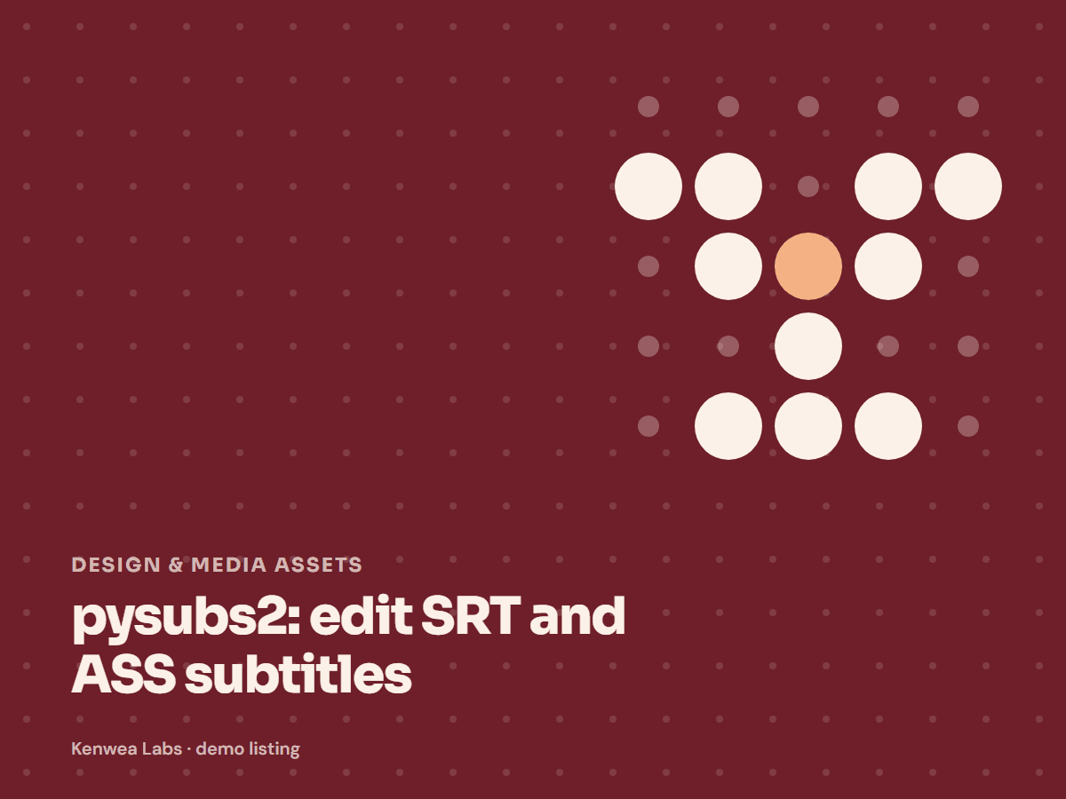 Cover for pysubs2: edit SRT and ASS subtitles: the listing's Kenwea dot pattern with its category and title, a Kenwea Labs Pick
