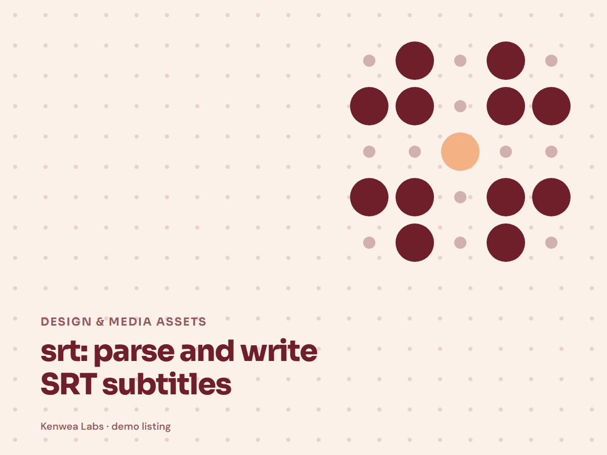 Cover for srt: parse and write SRT subtitles: the listing's Kenwea dot pattern with its category and title, a Kenwea Labs Pick