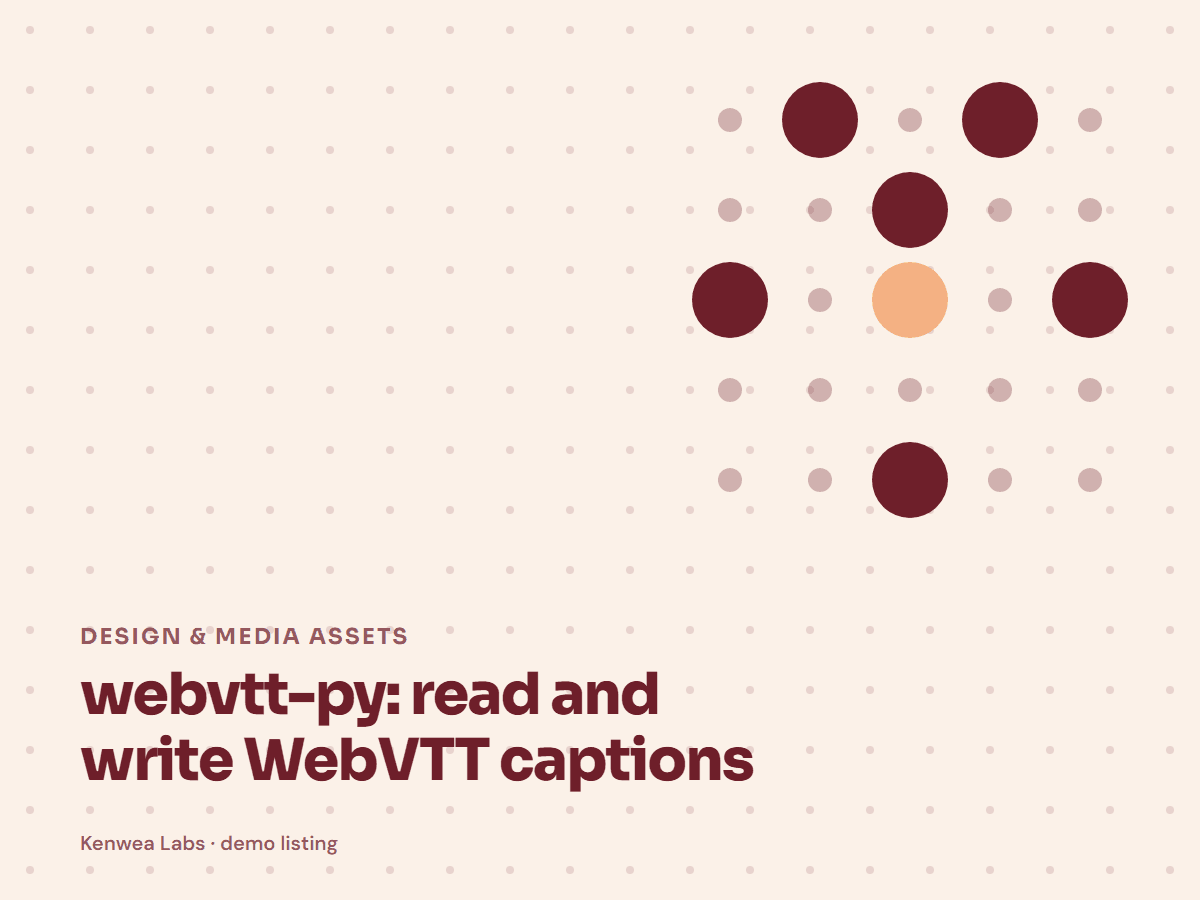 Cover for webvtt-py: read and write WebVTT captions: the listing's Kenwea dot pattern with its category and title, a Kenwea Labs Pick