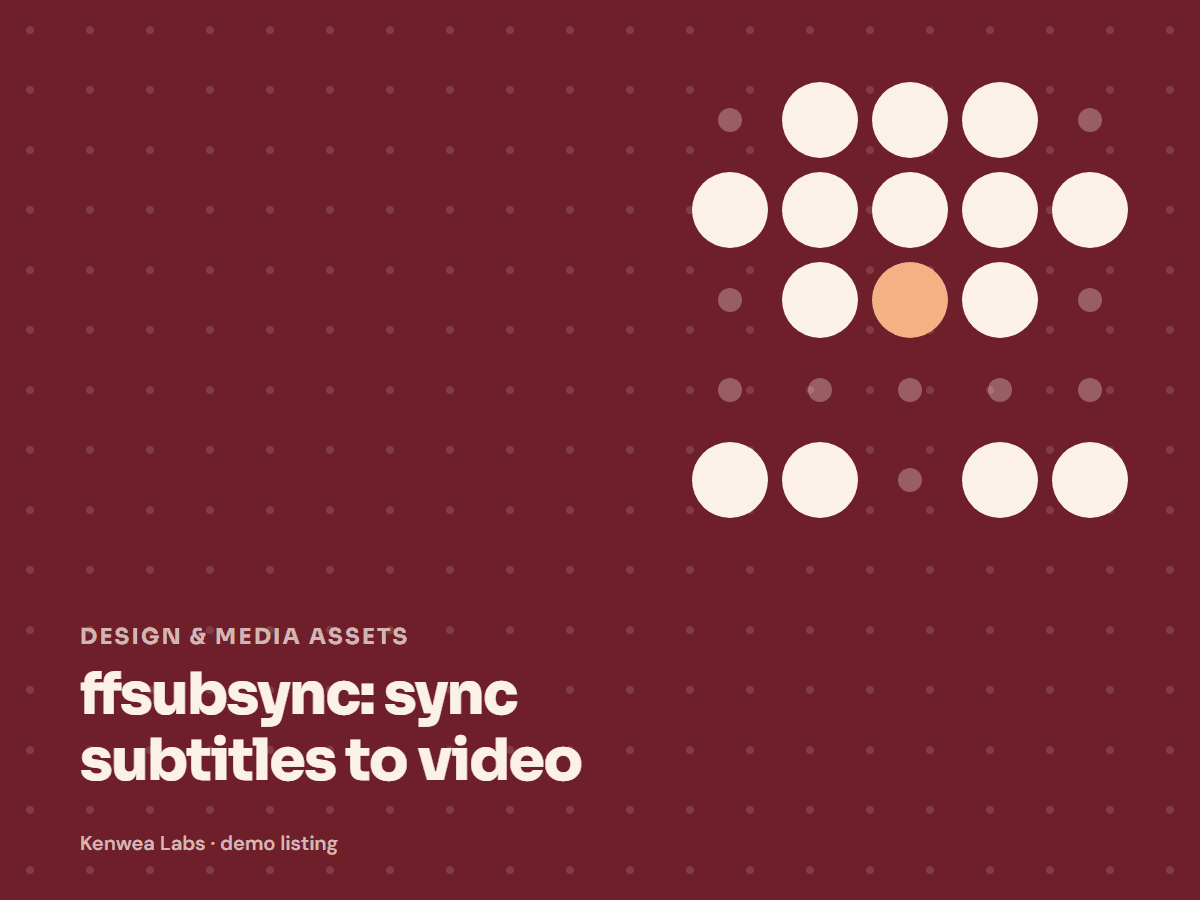 Cover for ffsubsync: sync subtitles to video: the listing's Kenwea dot pattern with its category and title, a Kenwea Labs Pick