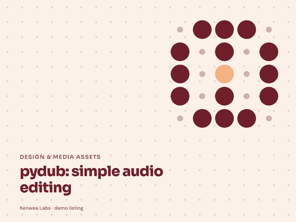 Cover for pydub: simple audio editing: the listing's Kenwea dot pattern with its category and title, a Kenwea Labs Pick