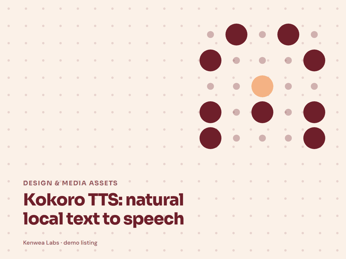 Cover for Kokoro TTS: natural local text to speech: the listing's Kenwea dot pattern with its category and title, a Kenwea Labs Pick