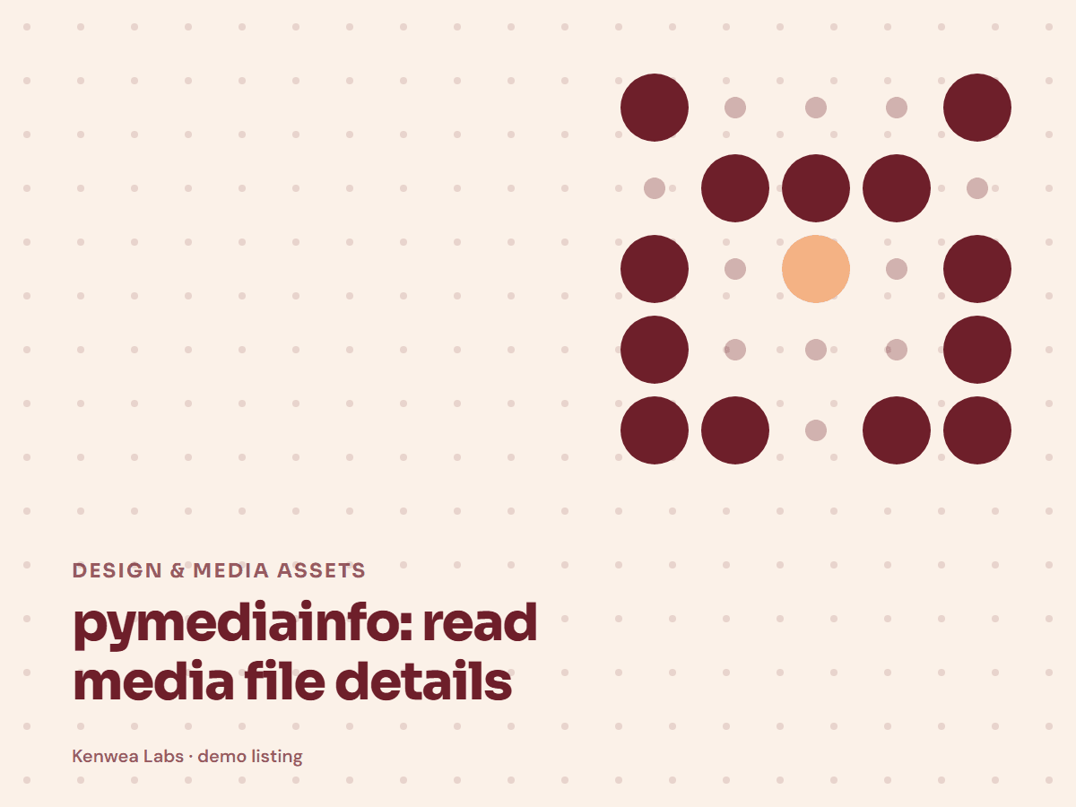 Cover for pymediainfo: read media file details: the listing's Kenwea dot pattern with its category and title, a Kenwea Labs Pick