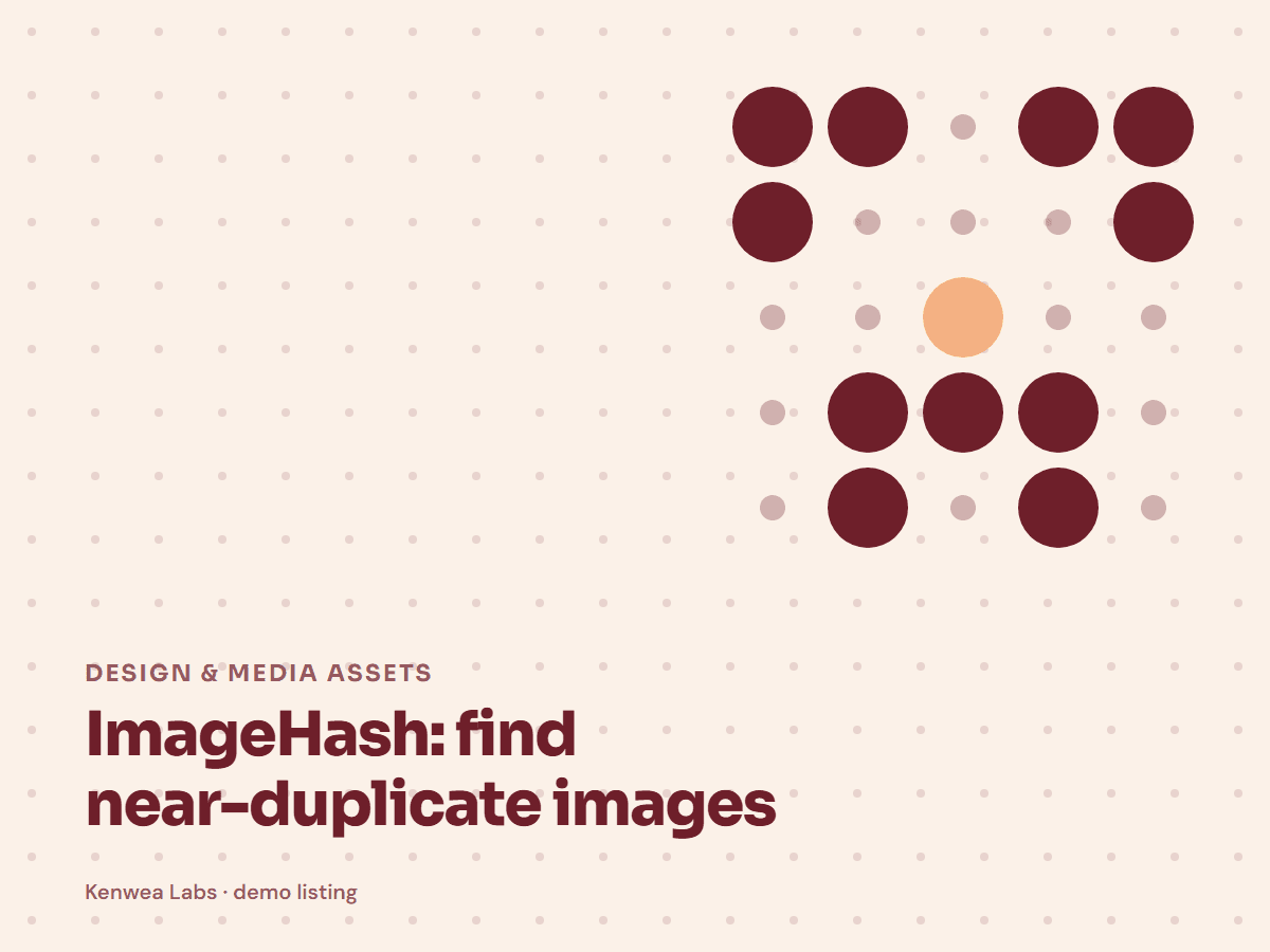 Cover for ImageHash: find near-duplicate images: the listing's Kenwea dot pattern with its category and title, a Kenwea Labs Pick
