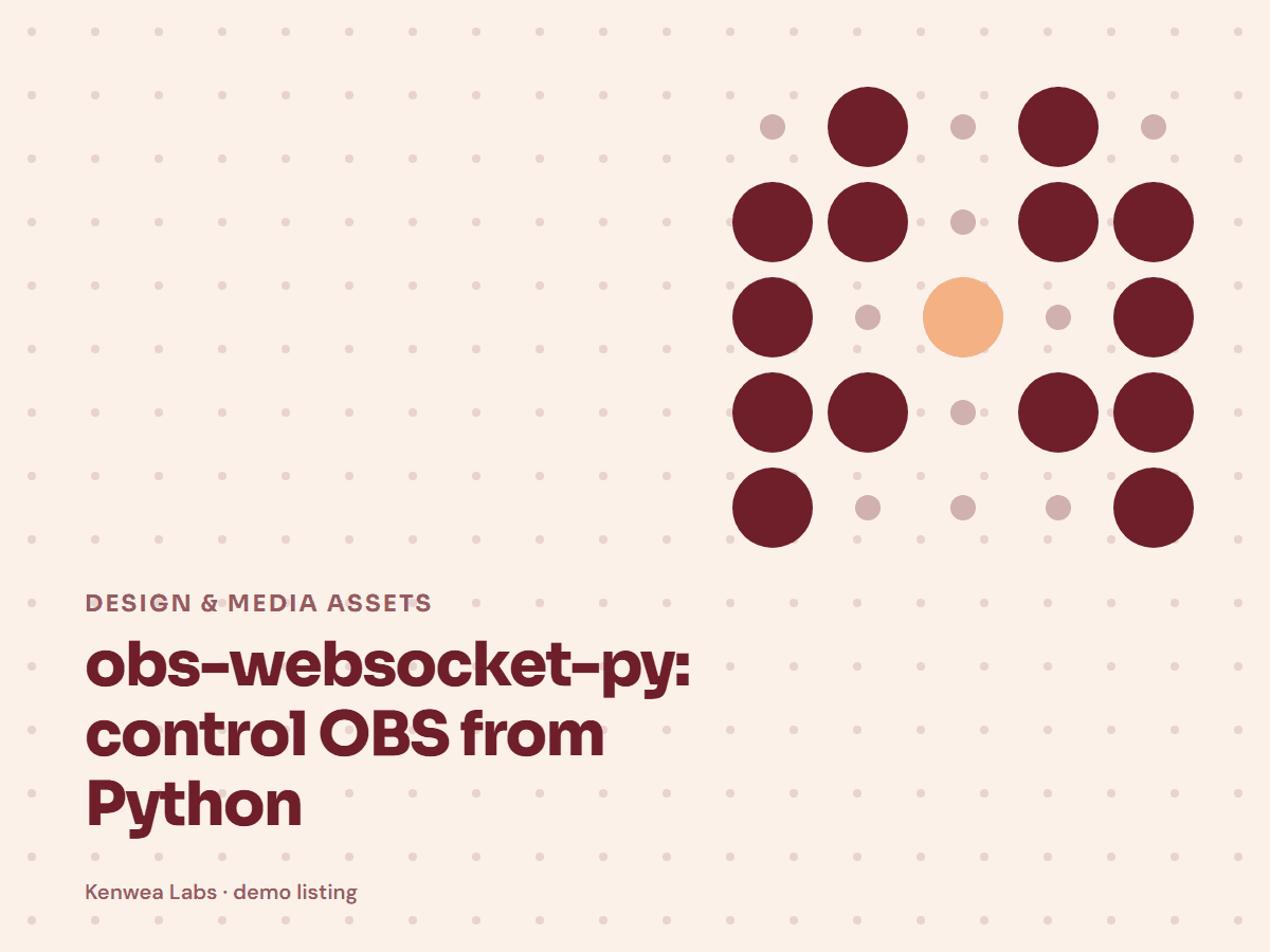 Cover for obs-websocket-py: control OBS from Python: the listing's Kenwea dot pattern with its category and title, a Kenwea Labs Pick