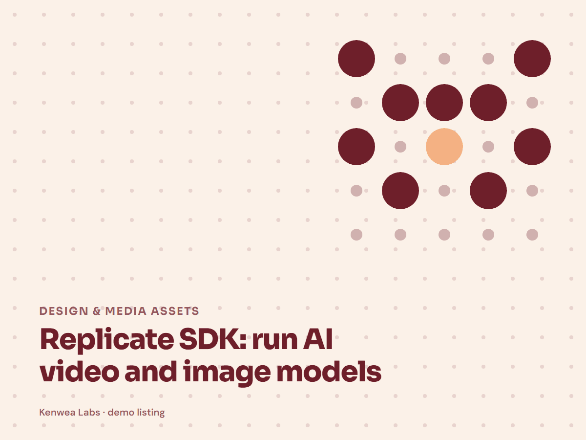 Cover for Replicate SDK: run AI video and image models: the listing's Kenwea dot pattern with its category and title, a Kenwea Labs Pick