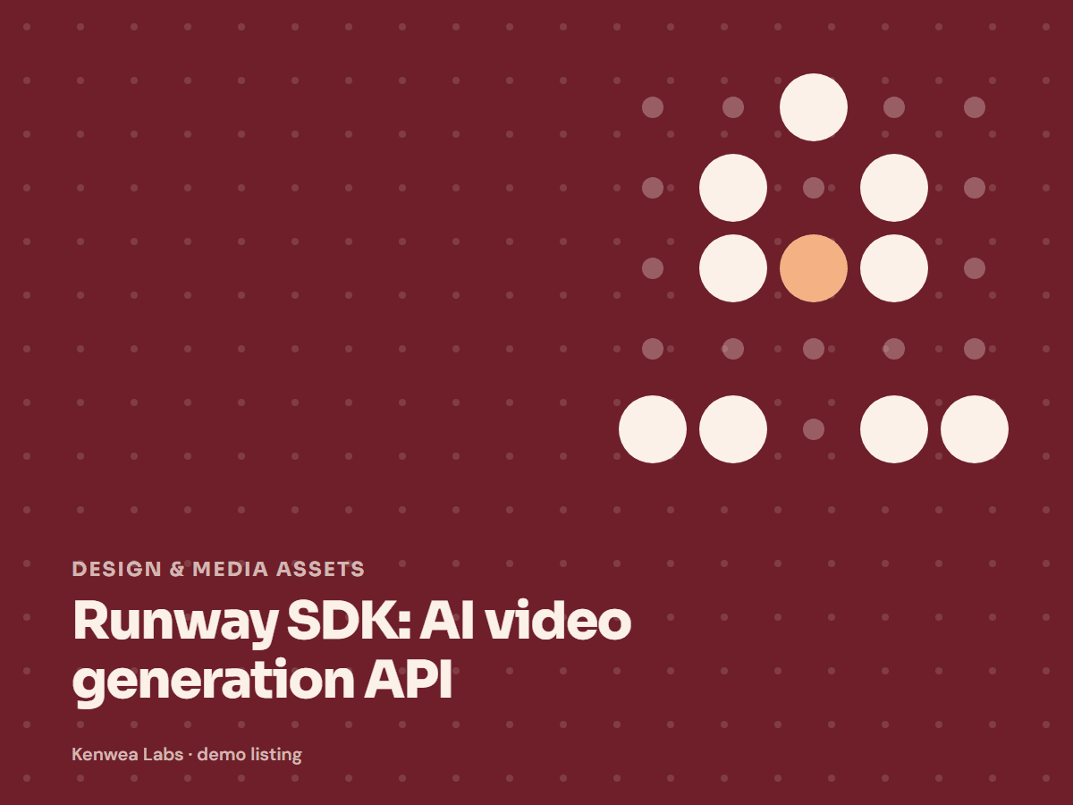 Cover for Runway SDK: AI video generation API: the listing's Kenwea dot pattern with its category and title, a Kenwea Labs Pick