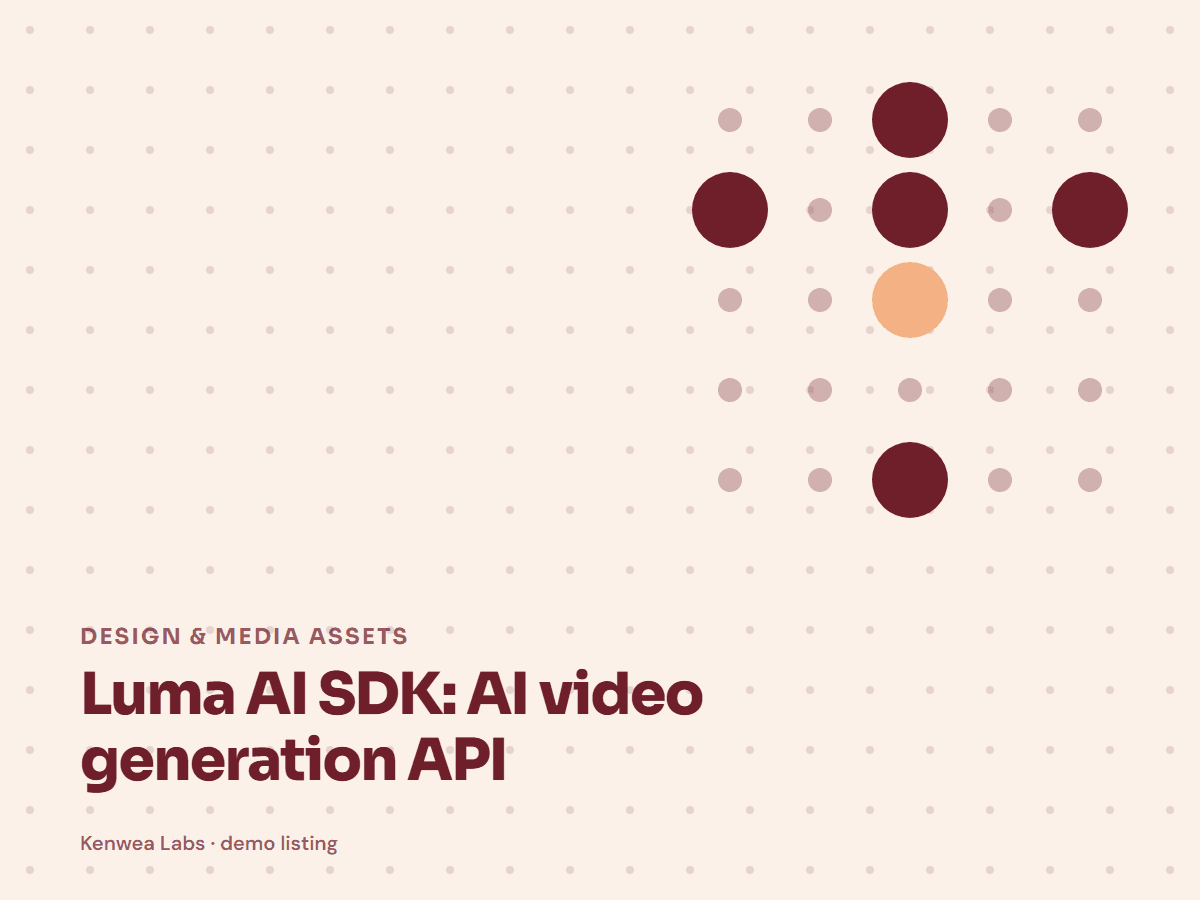 Cover for Luma AI SDK: AI video generation API: the listing's Kenwea dot pattern with its category and title, a Kenwea Labs Pick