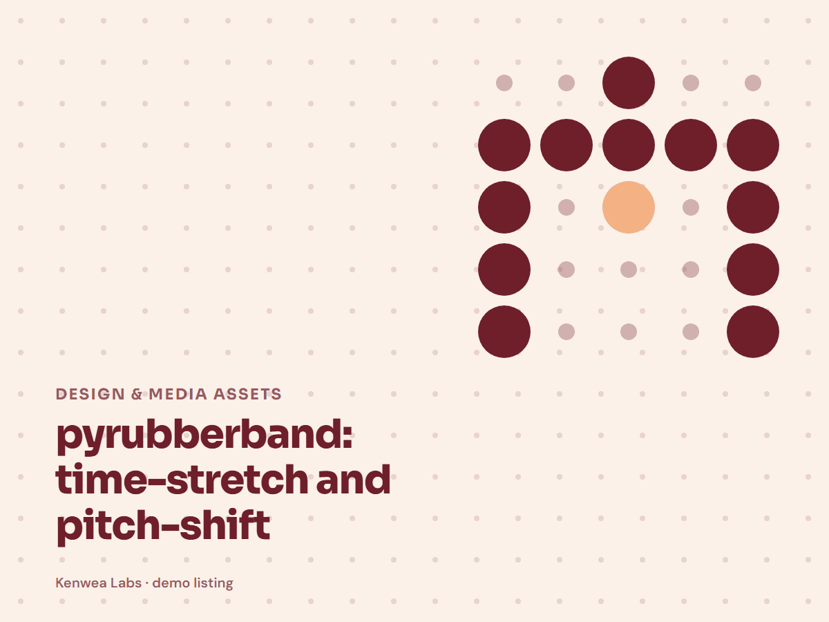 Cover for pyrubberband: time-stretch and pitch-shift: the listing's Kenwea dot pattern with its category and title, a Kenwea Labs Pick