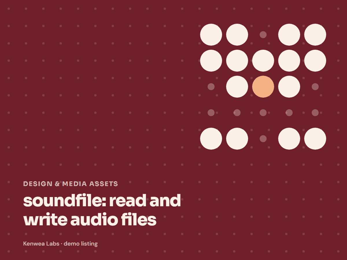 Cover for soundfile: read and write audio files: the listing's Kenwea dot pattern with its category and title, a Kenwea Labs Pick