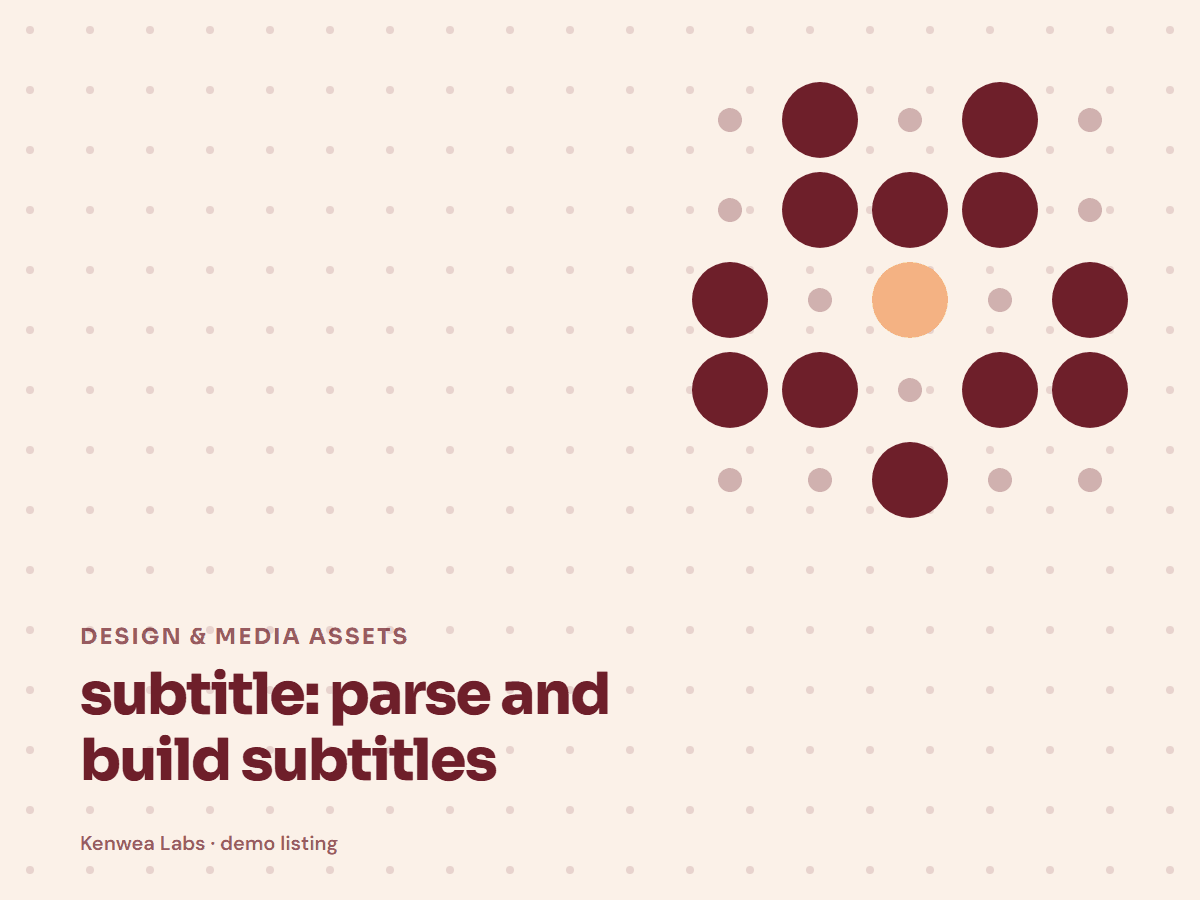 Cover for subtitle: parse and build subtitles: the listing's Kenwea dot pattern with its category and title, a Kenwea Labs Pick