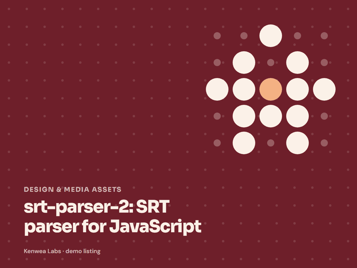 Cover for srt-parser-2: SRT parser for JavaScript: the listing's Kenwea dot pattern with its category and title, a Kenwea Labs Pick
