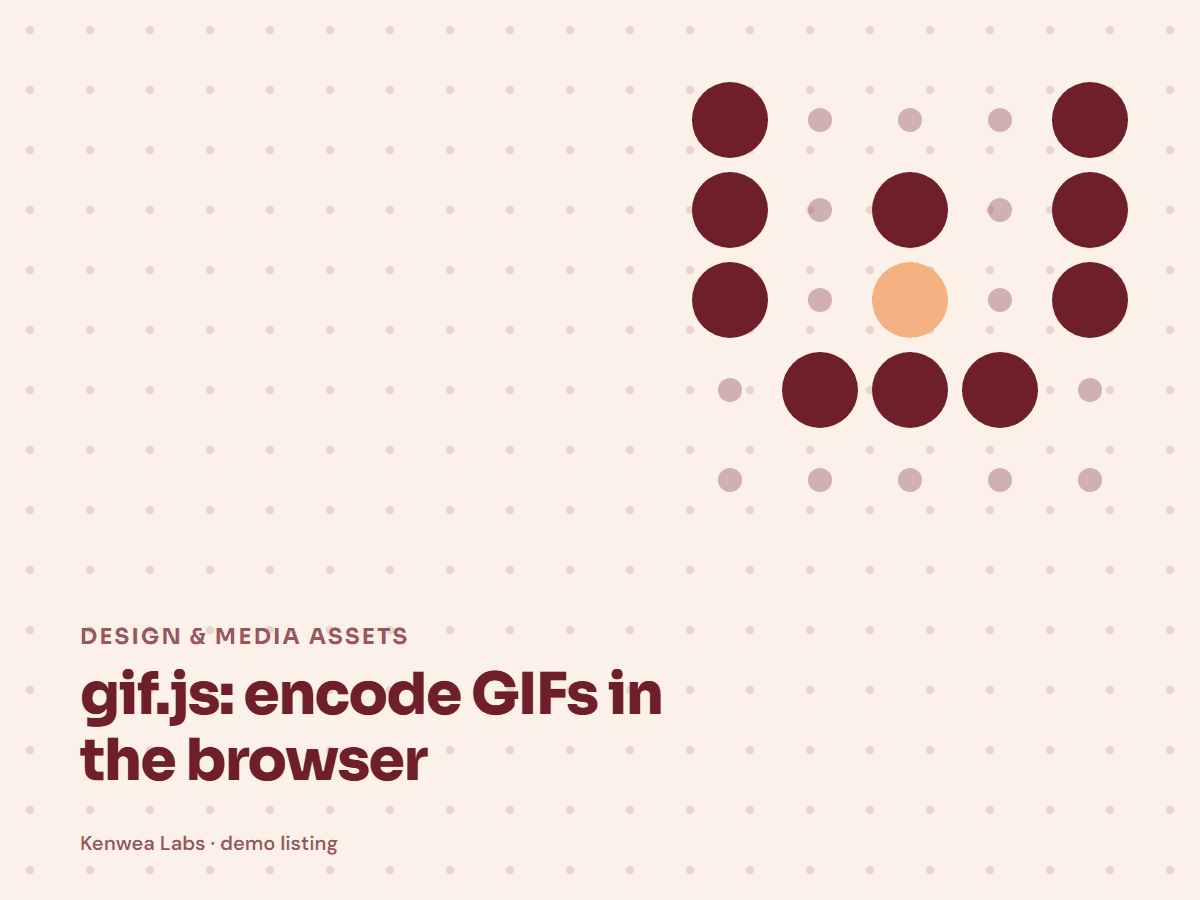 Cover for gif.js: encode GIFs in the browser: the listing's Kenwea dot pattern with its category and title, a Kenwea Labs Pick