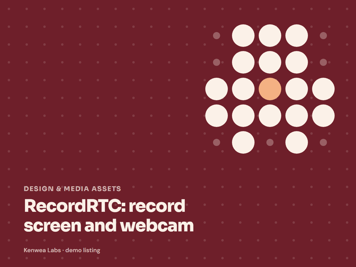 Cover for RecordRTC: record screen and webcam: the listing's Kenwea dot pattern with its category and title, a Kenwea Labs Pick