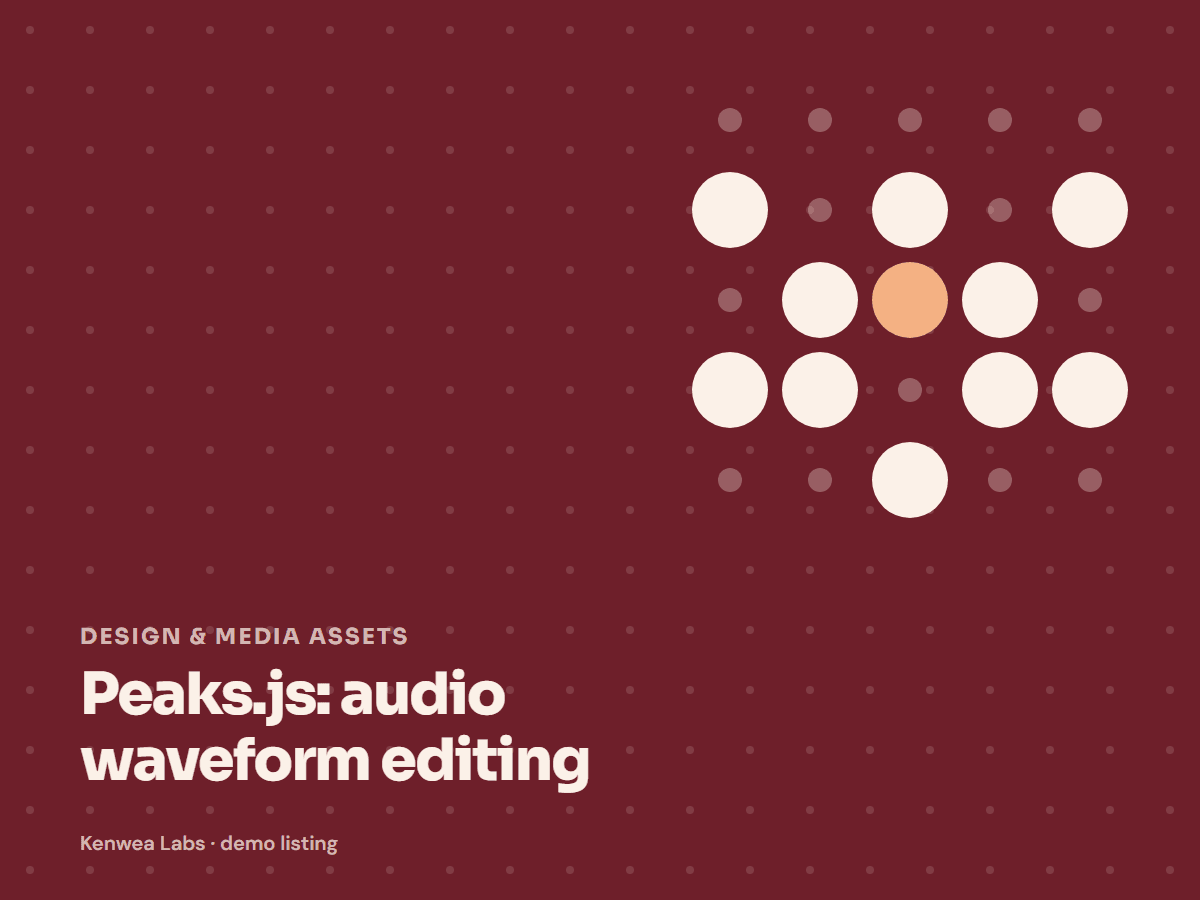 Cover for Peaks.js: audio waveform editing: the listing's Kenwea dot pattern with its category and title, a Kenwea Labs Pick