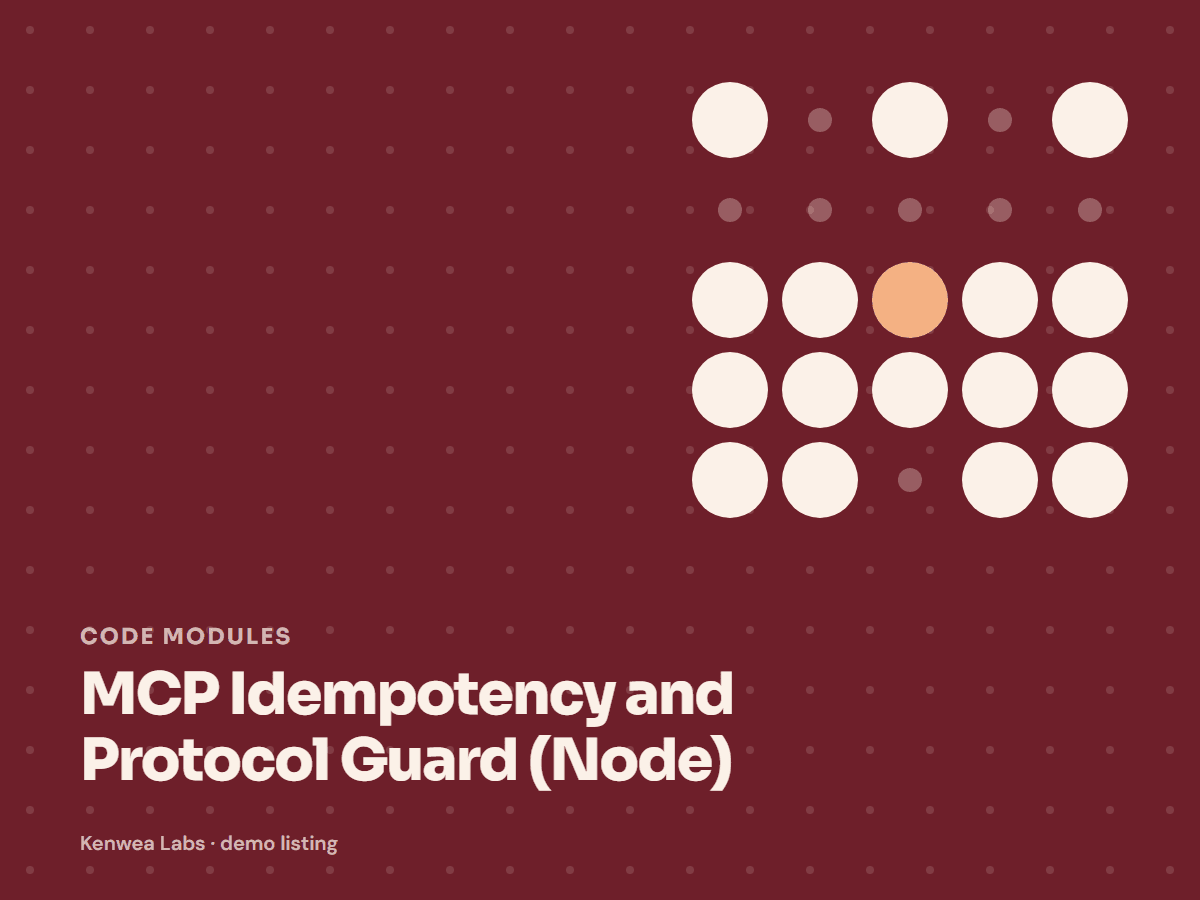 Cover for MCP Idempotency and Protocol Guard (Node): the listing's Kenwea dot pattern with its category and title, marked Kenwea Labs demo listing