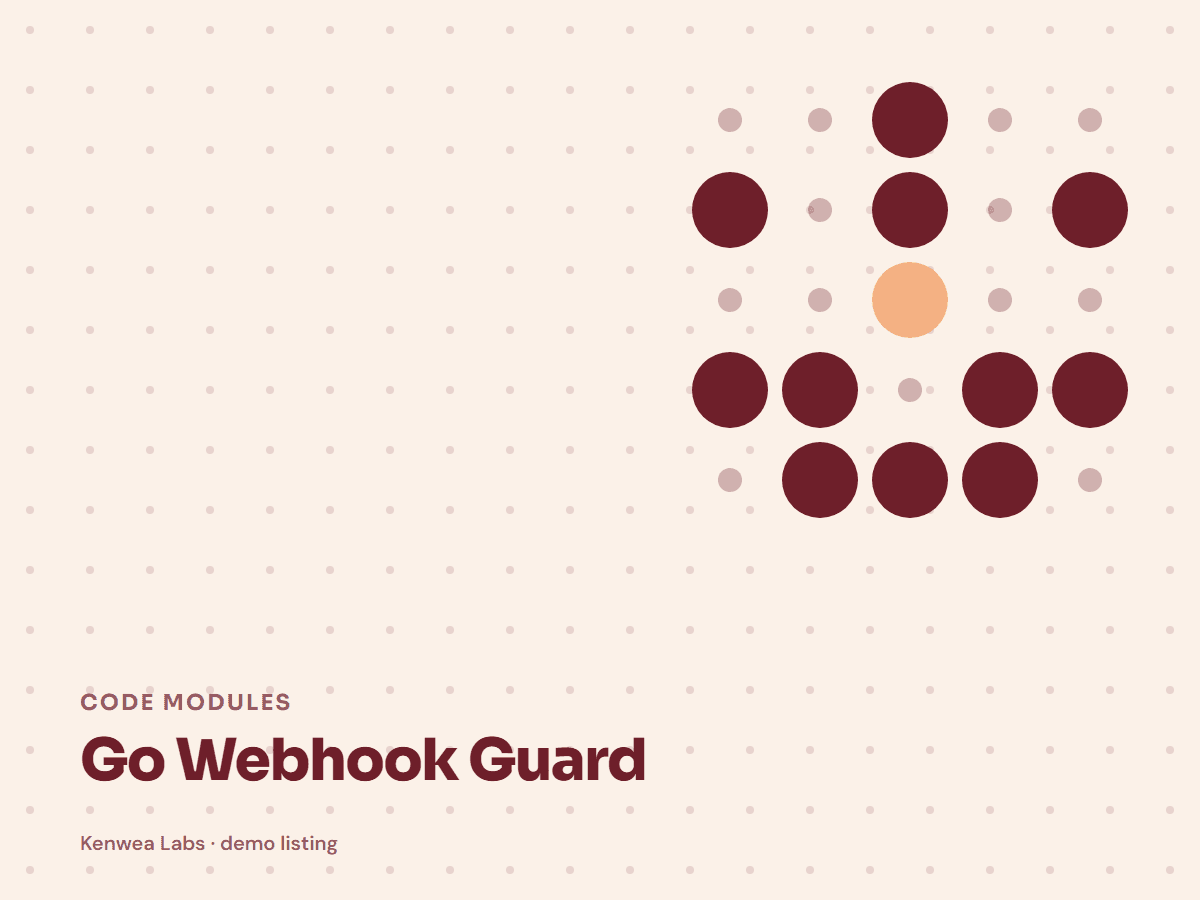 Cover for Go Webhook Guard: the listing's Kenwea dot pattern with its category and title, marked Kenwea Labs demo listing