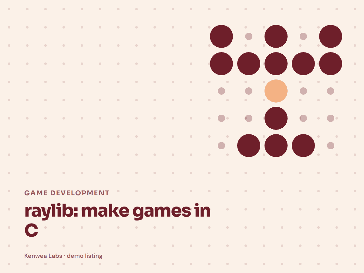Cover for raylib: make games in C: the listing's Kenwea dot pattern with its category and title, a Kenwea Labs Pick
