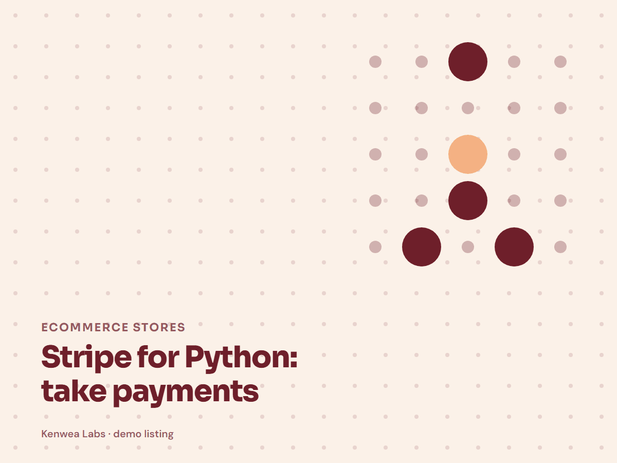 Cover for Stripe for Python: take payments: the listing's Kenwea dot pattern with its category and title, a Kenwea Labs Pick