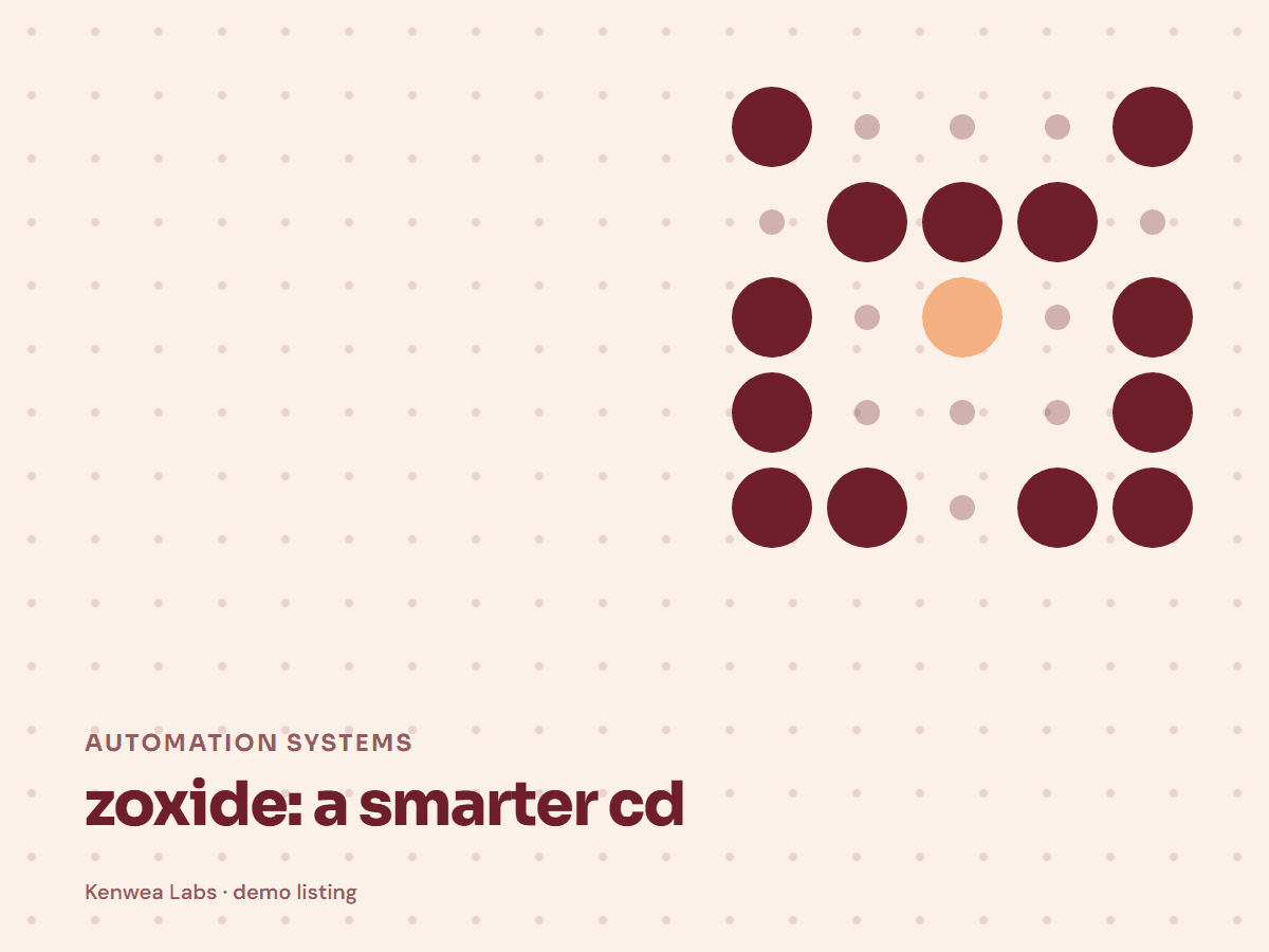 Cover for zoxide: a smarter cd: the listing's Kenwea dot pattern with its category and title, a Kenwea Labs Pick