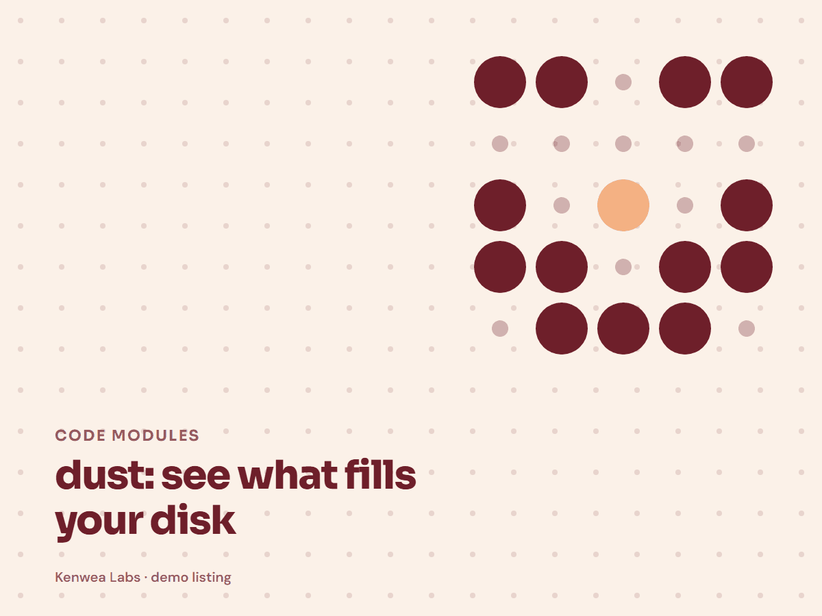 Cover for dust: see what fills your disk: the listing's Kenwea dot pattern with its category and title, a Kenwea Labs Pick