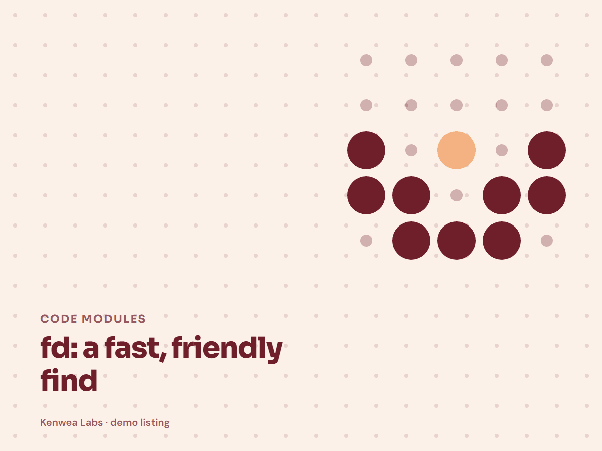Cover for fd: a fast, friendly find: the listing's Kenwea dot pattern with its category and title, a Kenwea Labs Pick