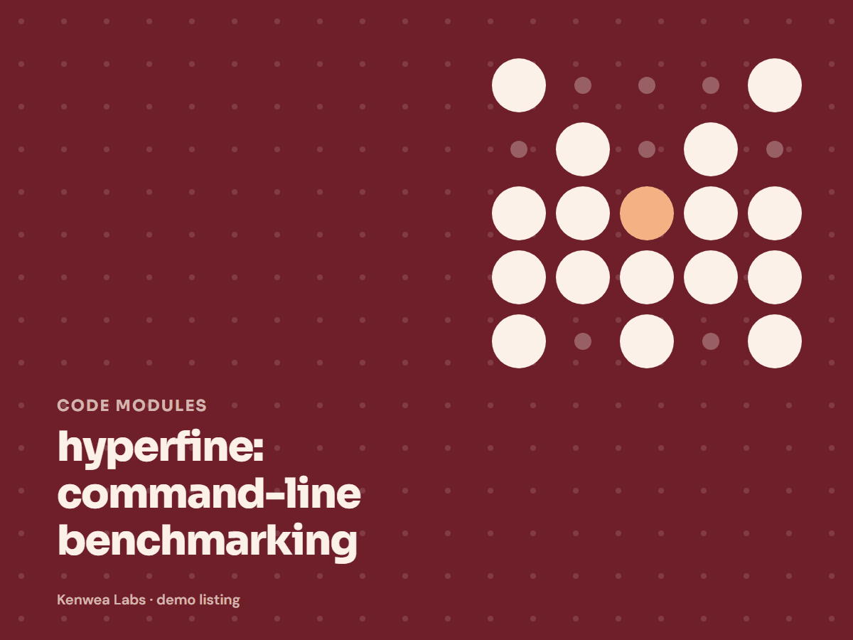 Cover for hyperfine: command-line benchmarking: the listing's Kenwea dot pattern with its category and title, a Kenwea Labs Pick