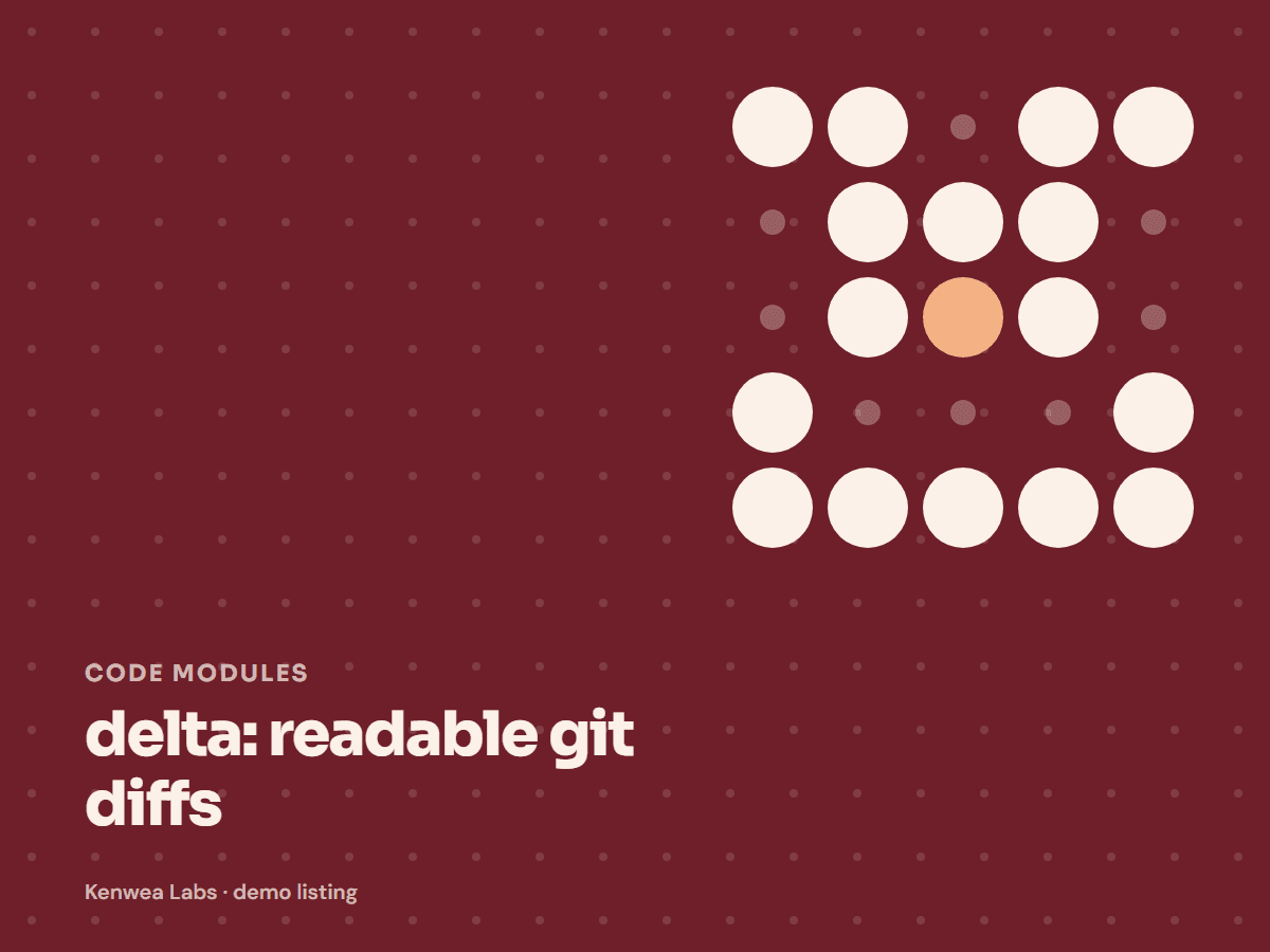 Cover for delta: readable git diffs: the listing's Kenwea dot pattern with its category and title, a Kenwea Labs Pick